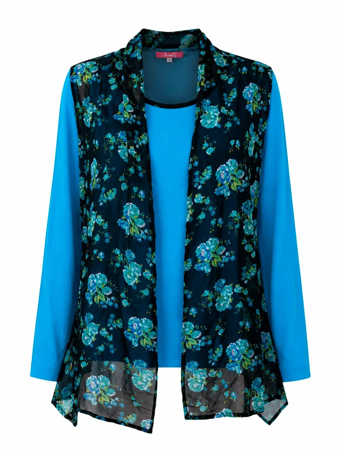 Haut femme Illusion bleu effet 2-en-1 avec voile fleuri – Taille M (8)